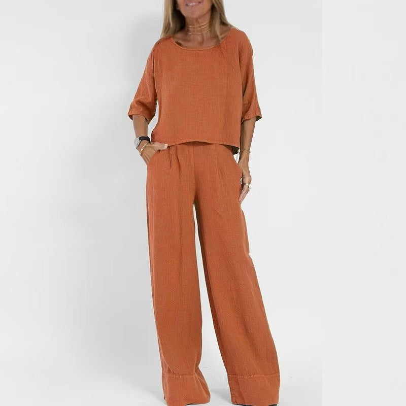 Women's Pocket Trousers Beach Sleeve Pullover Cotton Linen Solid Color Two Fashion Casual Suit