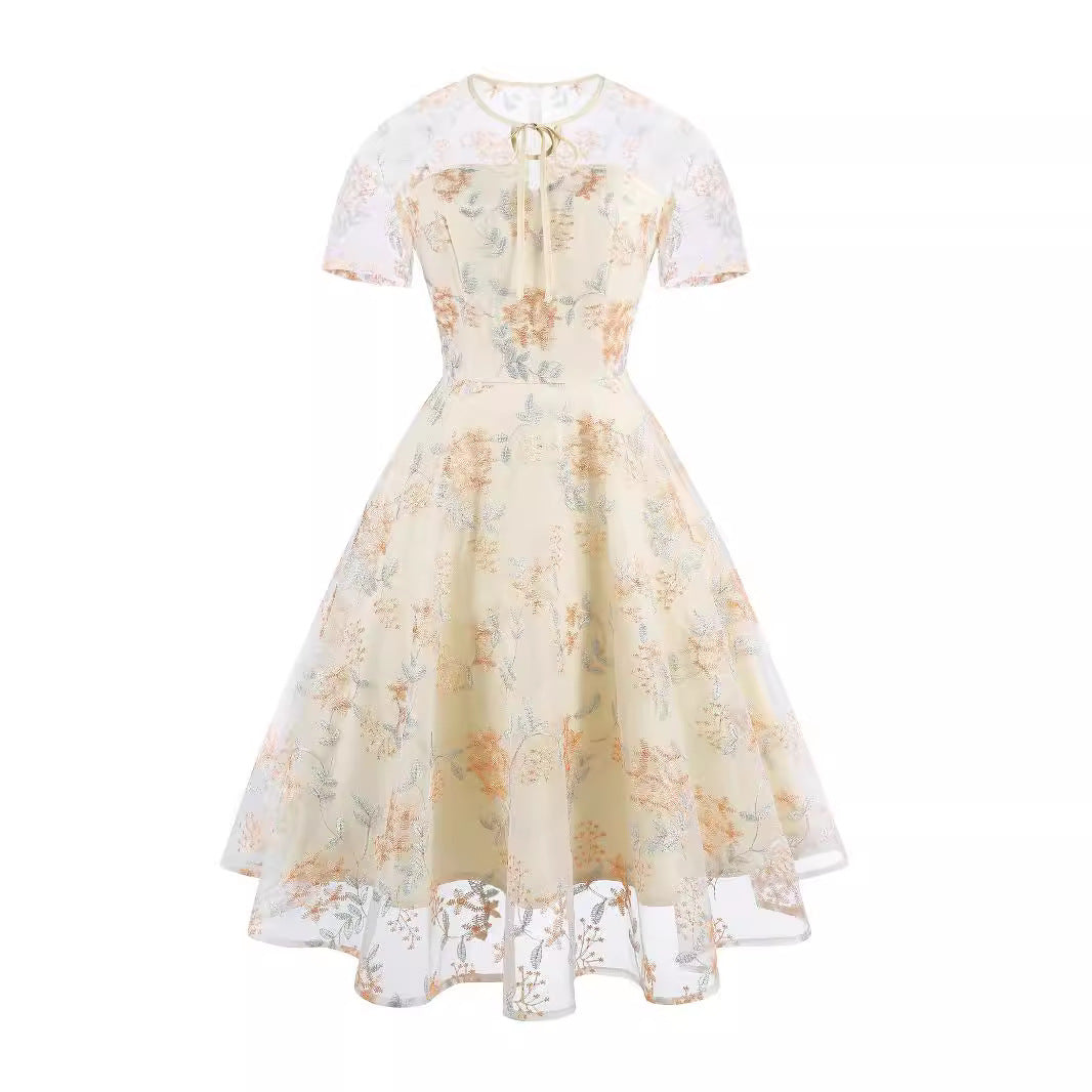 Women's Fashion Mesh Embroidered Dress Summer Sleeve Dresses