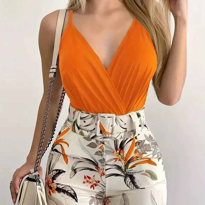 Women's Collar Camisole Plant Print With Belt Fashion Casual Suit