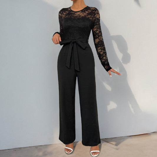 Lace Stitching Zipper Solid Color Loose Jumpsuits