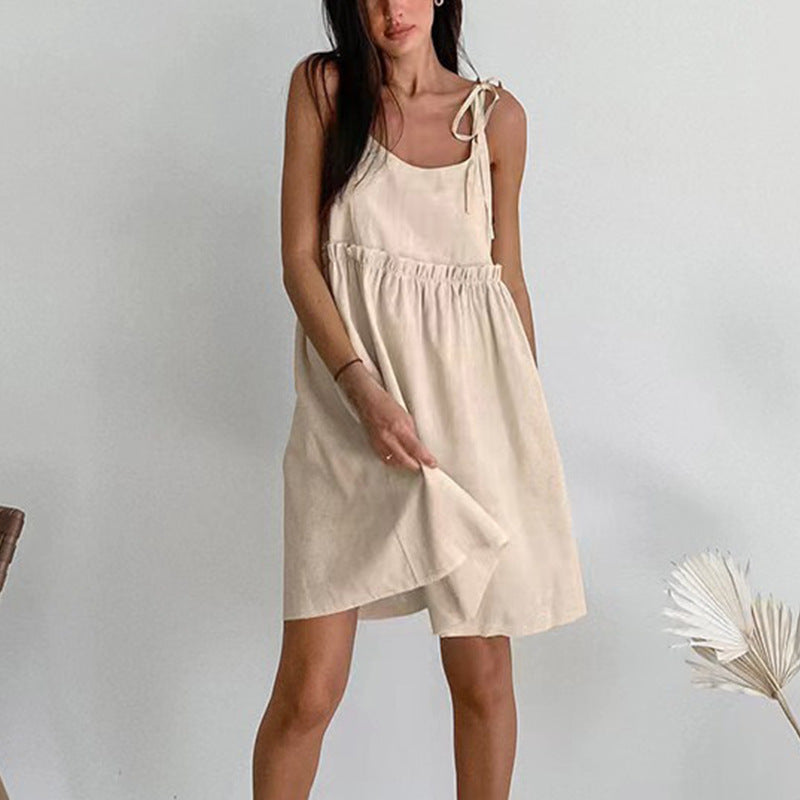 Solid Color Texture Slip Pleating Loose Leisure Dress