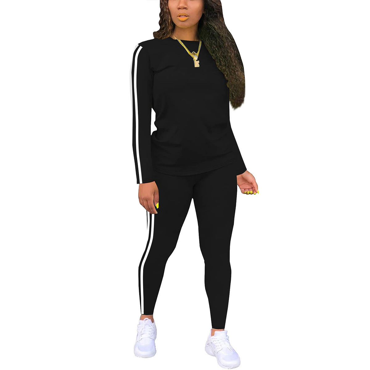 Women's Round Neck Long Sleeve Patch Trousers Side Fashion Casual Suit
