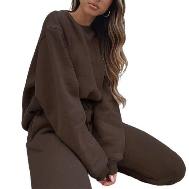 Women's Solid Color Round Neck Long-sleeved Pullover Trousers Suits