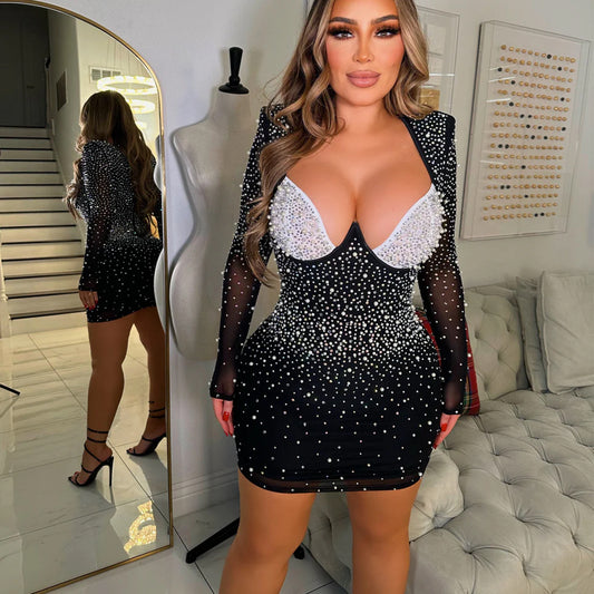 Women's Fashion Wear Pure Color Mesh Rhinestone Long Dresses
