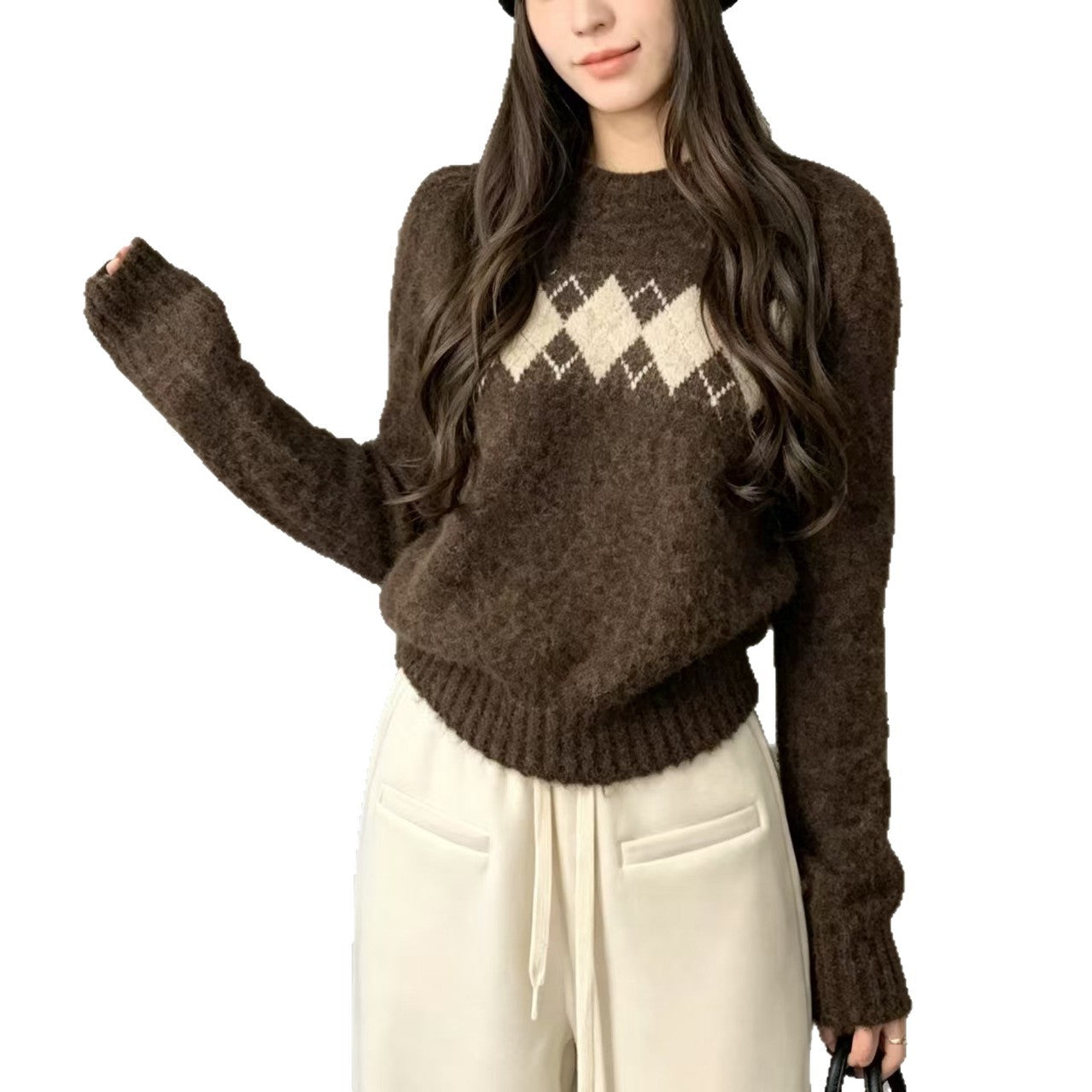 Women's Style Rhombus Jacquard Crew Neck Pullover Casual Women's Sweater