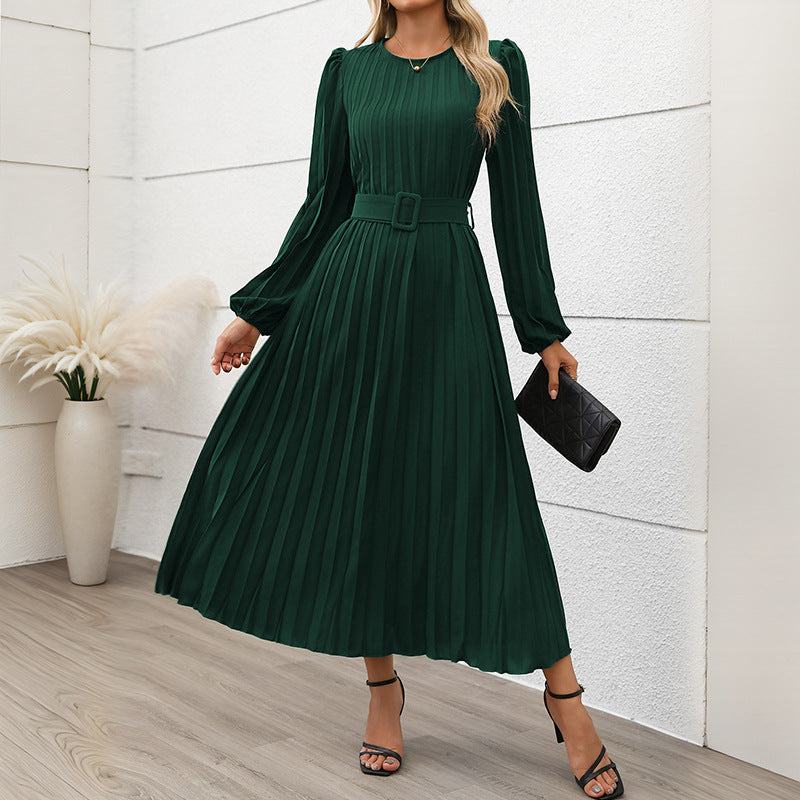 Women's Dress Long Sleeve Pleated High Waist Dresses