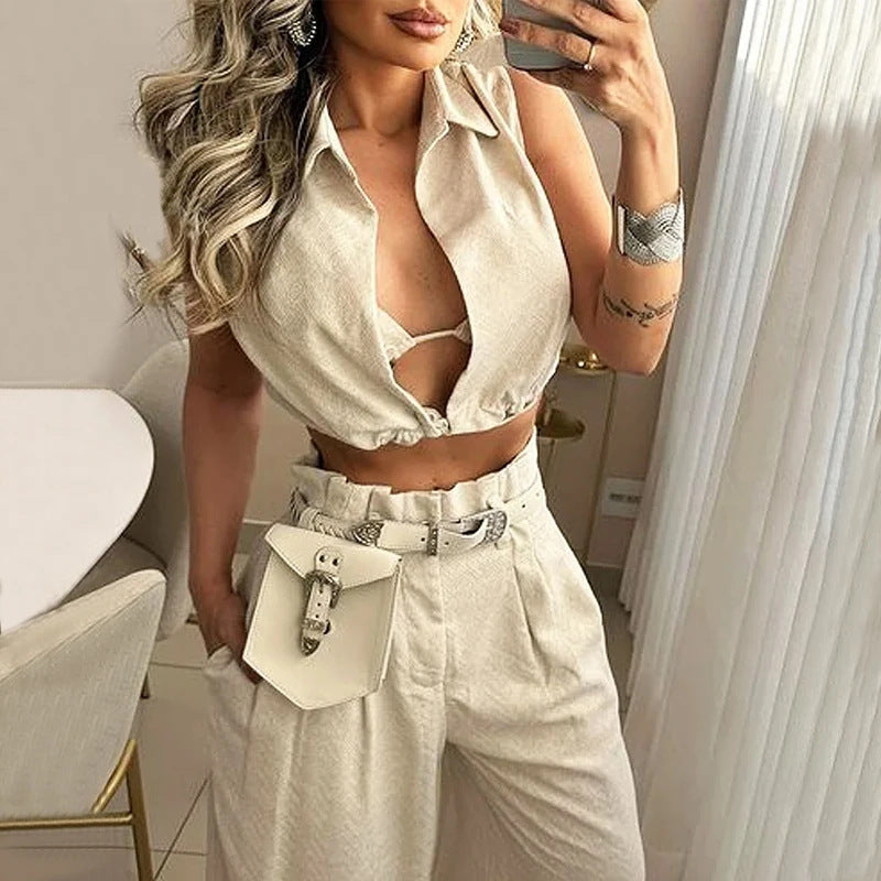 Fashion Casual Sleeveless Two-piece Collar Tether Suits