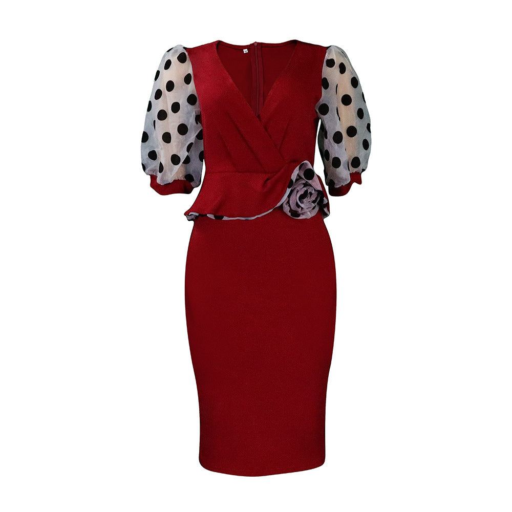 Women's Patchwork Temperament Mesh Puff Sleeve Pencil Dress