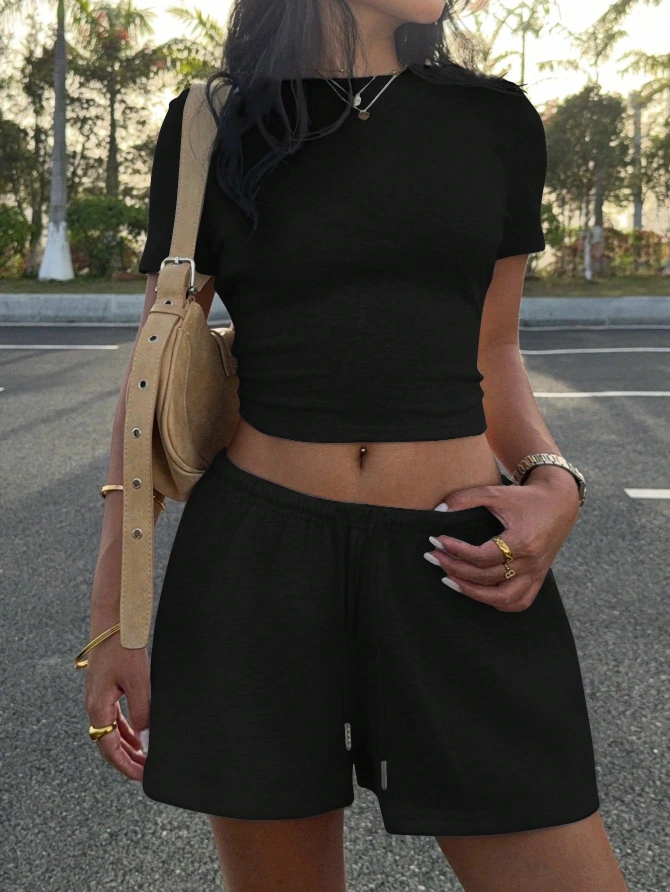 Women's Slim Fit Waist Cropped Short-sleeved Drawstring Fashion Casual Suit