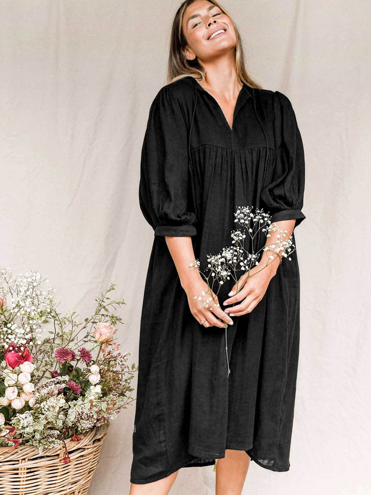Large Loose Long Sleeve Lantern Casual Retro Solid Color Dress