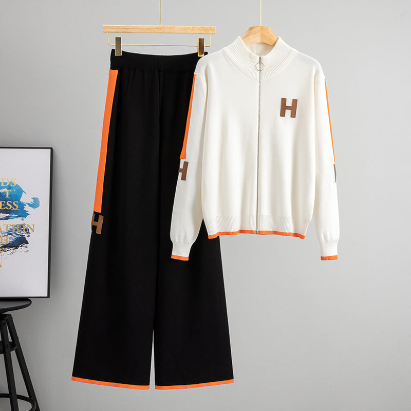 Women's Set Round Neck Zipper Outerwear Casual Wide Suits