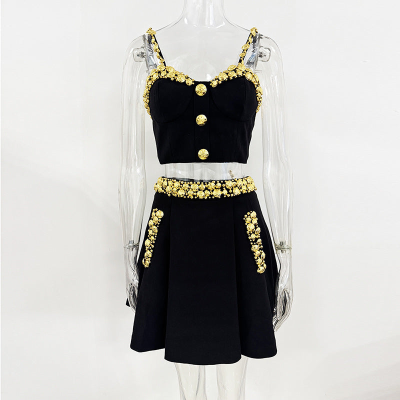 Spring Fashionable Golden Fastener Decoration Camisole Mid-length Dress Fashion Casual Suit
