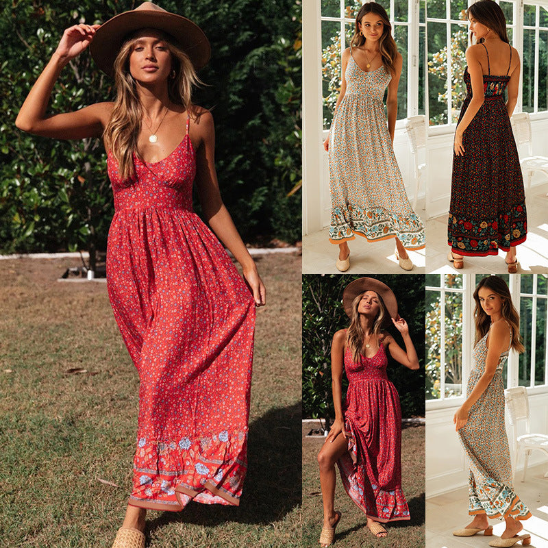 Women's Summer Large Swing Bohemian Strap Floral Dress
