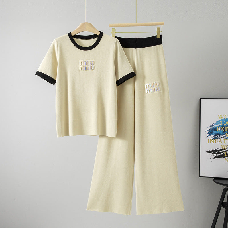 Women's Fashion Two-piece Embossed Rhinestone Letter Short-sleeved Suits