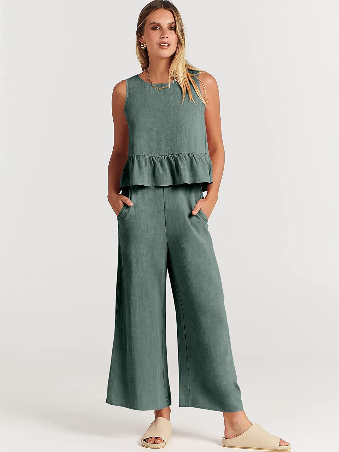 Women's Summer Sleeveless Pleated Wide Leg Cropped Pants