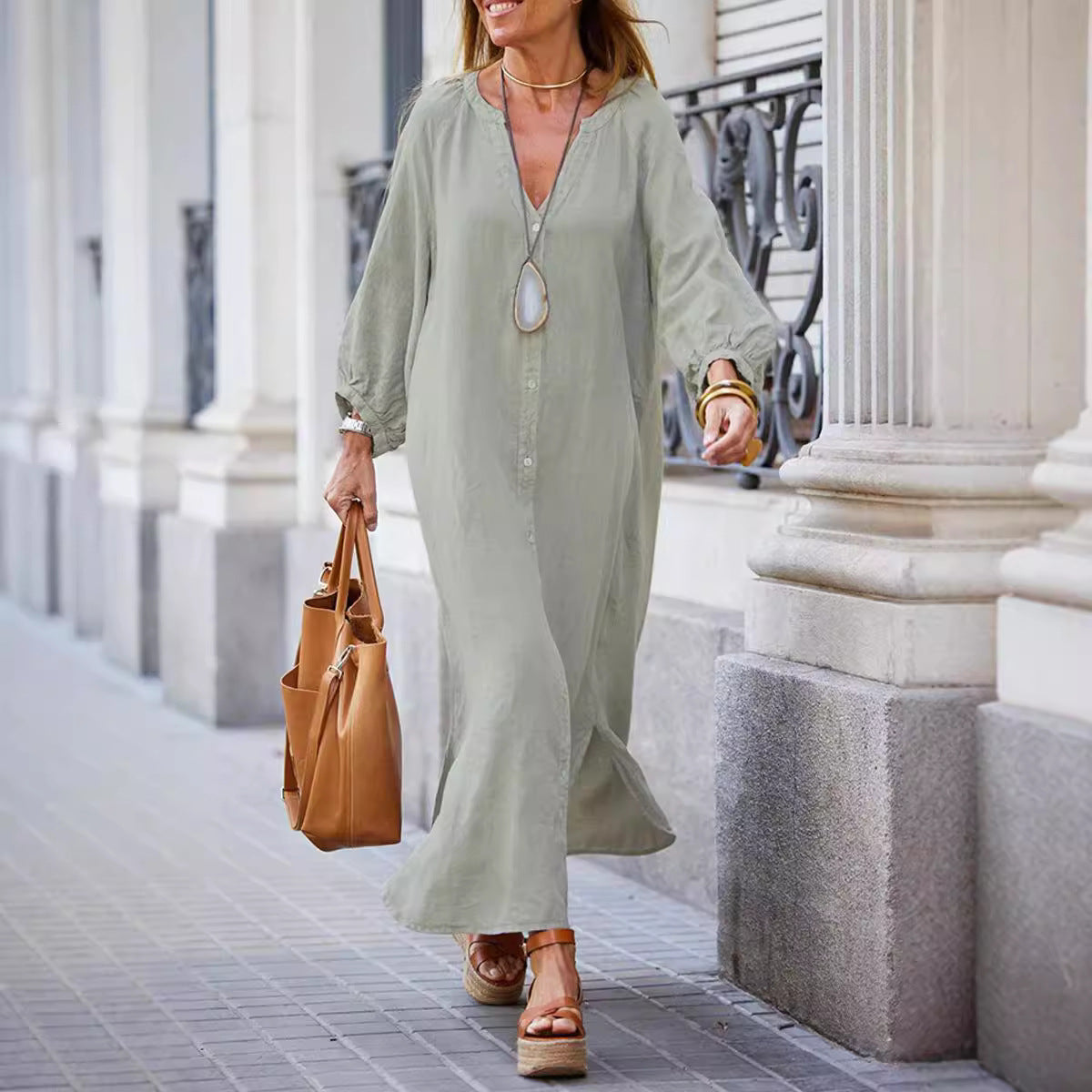 Women's Cotton Linen Fashion Casual Long Sleeve Dress