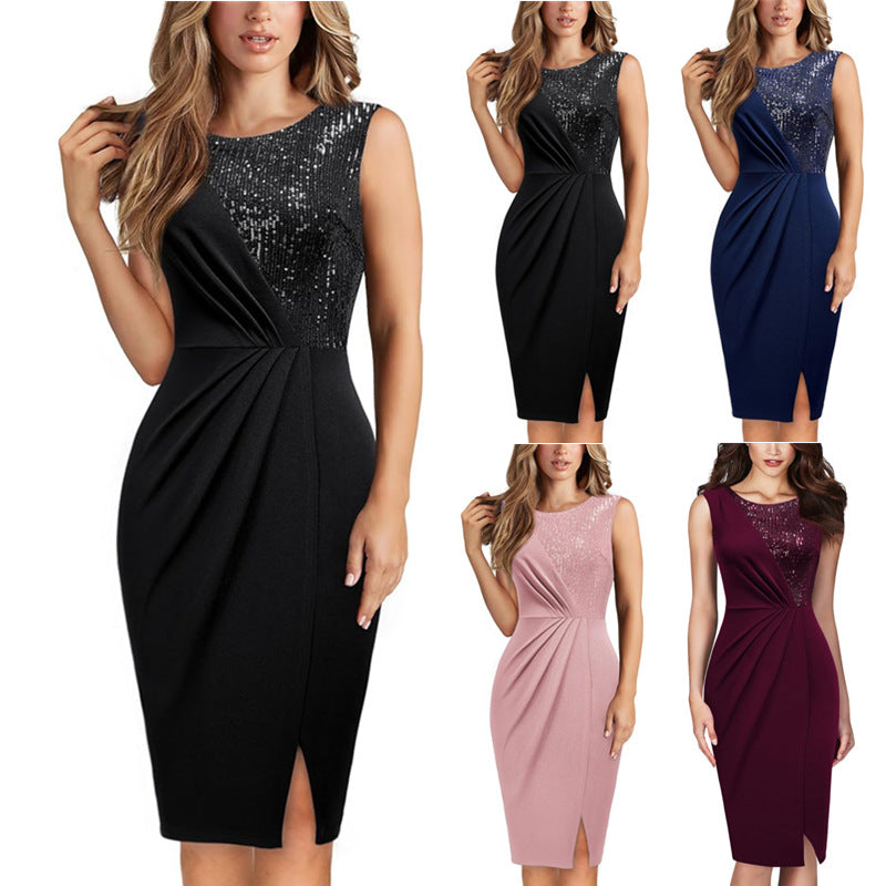 Women's Color Sleeveless Sequin Stitching Slim Fit Dress