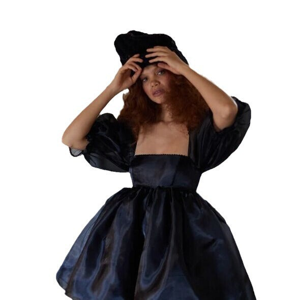 Organza Vintage Print Puff Sleeve Princess Dresses