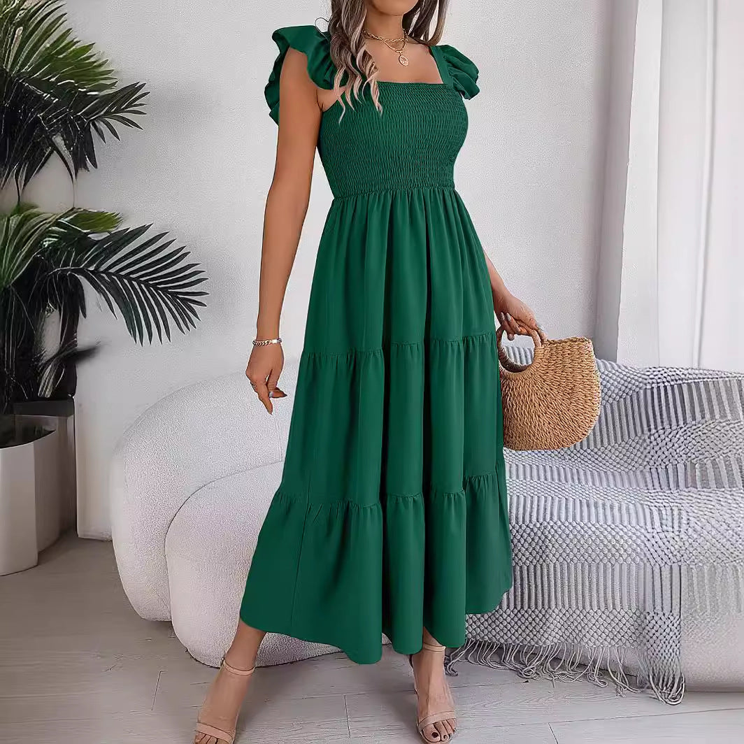 Women's Color Square Collar Wooden Ear Waist Dress