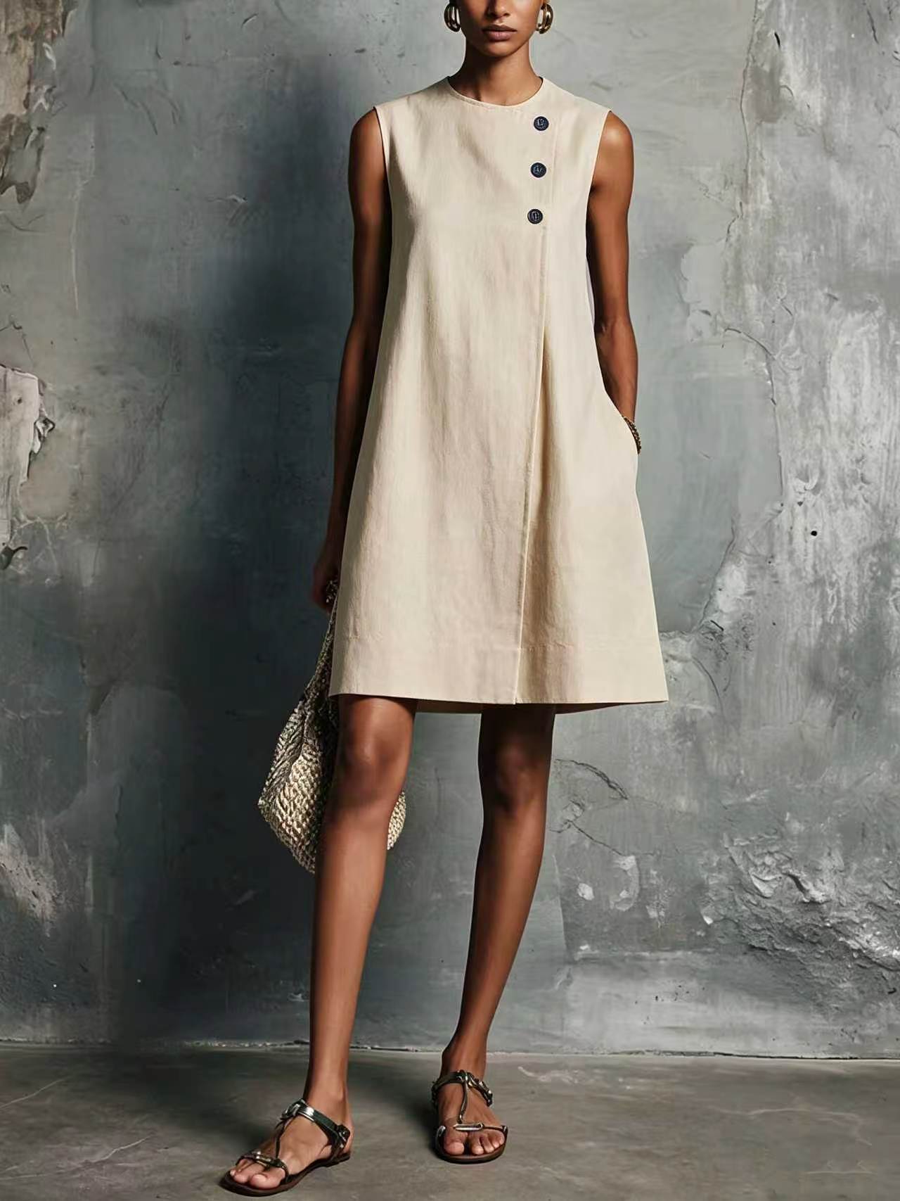 Women's Blended Round Neck Asymmetric Button Side Dress