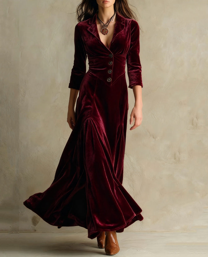Women's Color Buttons Lapel Sleeve Maxi Waist Dress