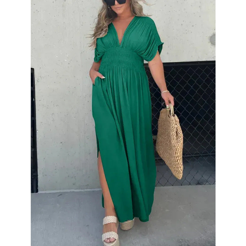 Color Bat Sleeve Elastic Waisted Slimming Dresses