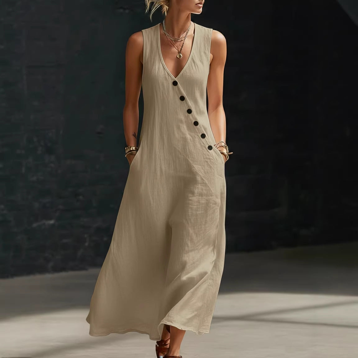 Idle Style Double-breasted Cotton Linen Sleeveless Dress