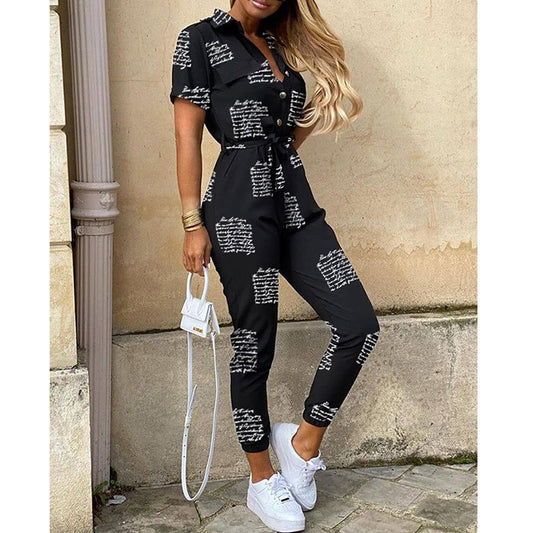 Women's Trousers Casual Lapel Button Printed Belt Pants