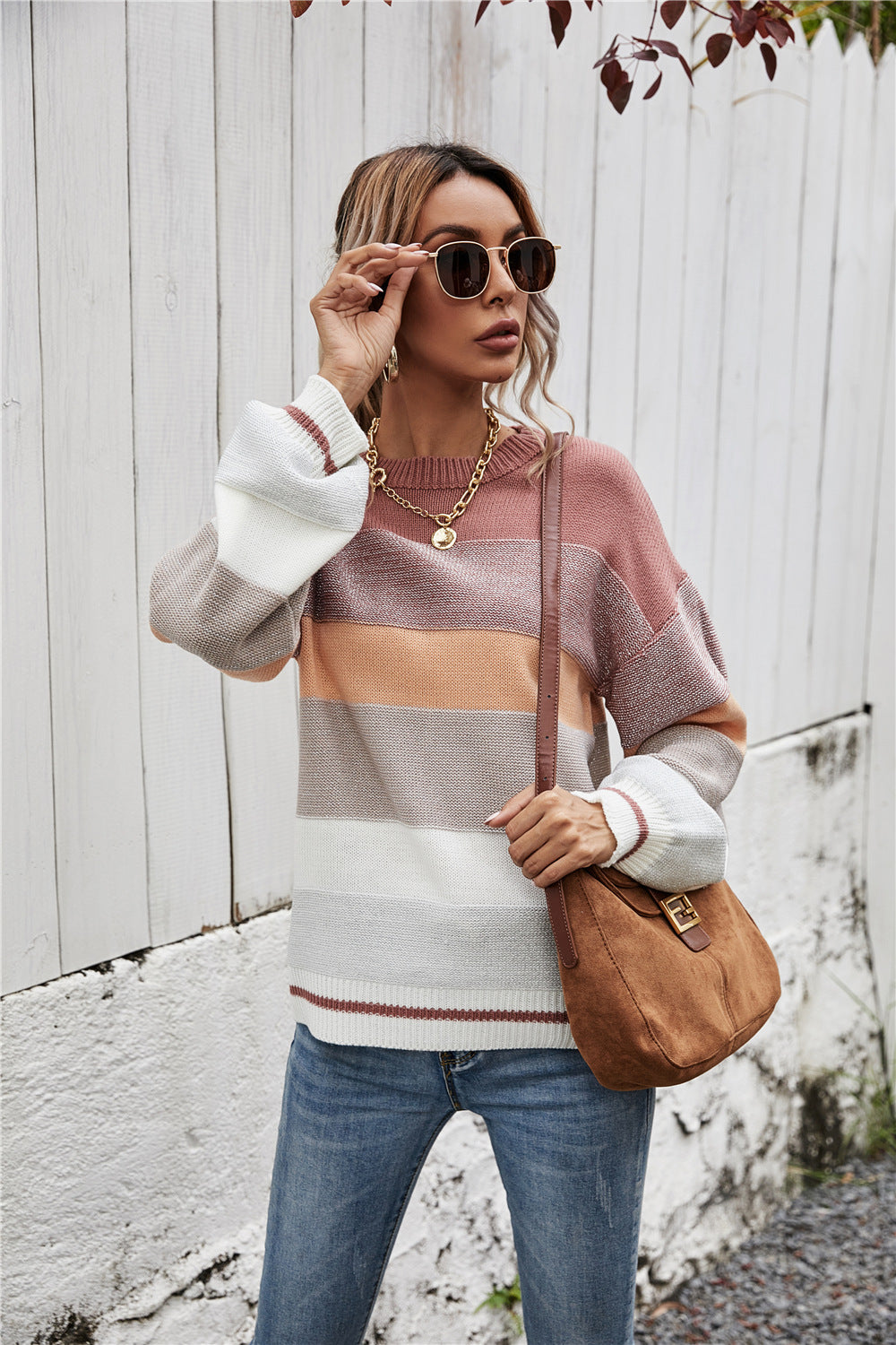 Women's Patchwork Round Neck Fashion Personalized Striped Women's Sweater