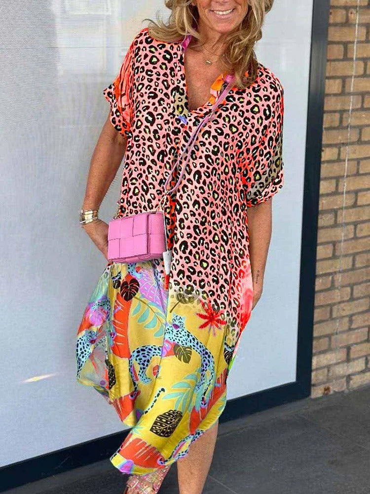 Women's Fashion Wear Half-open Collar Printed Loose Dresses