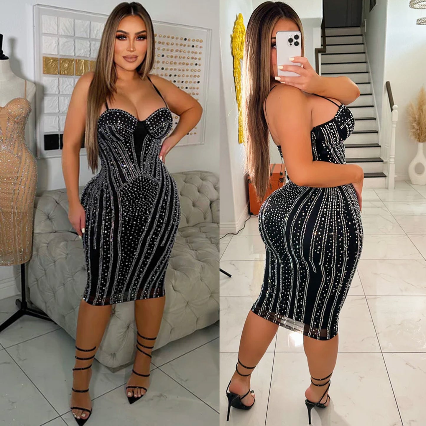 Women's Sexy Mesh Rhinestone Nightclub Dress Strap Dresses