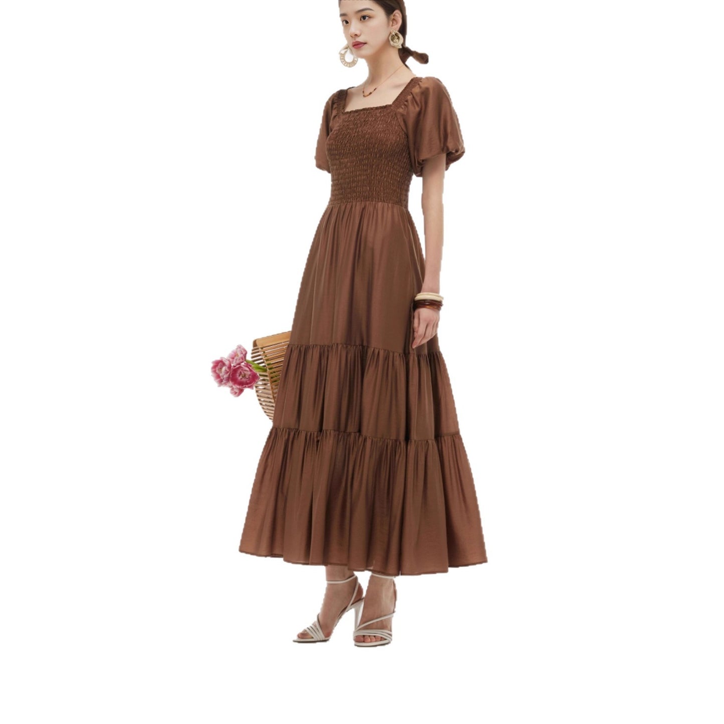 Women's Waist Trimming Printing Ruffles Elegant Fashion Dress
