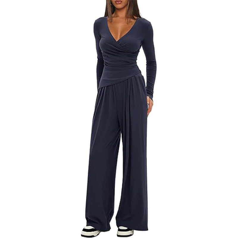 Solid Color Warp Knitted Long-sleeved Matching Fashion Casual Suit