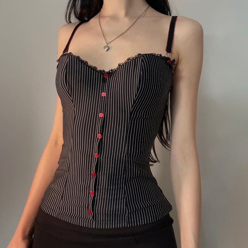 Striped Breasted Lace Strap Urban Hot Sexy Drawstring Tops