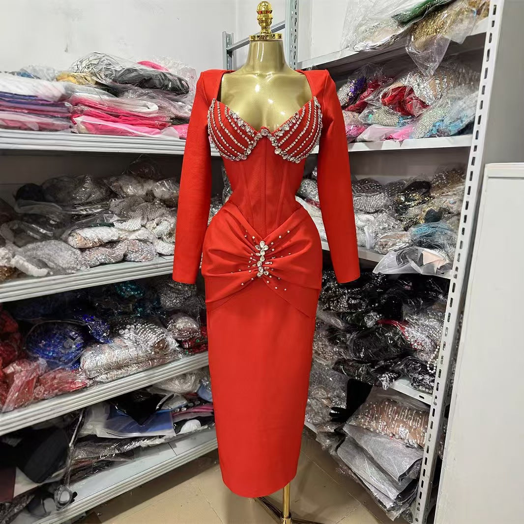Women's Trim Tight Square Collar Slim Pleated Dresses