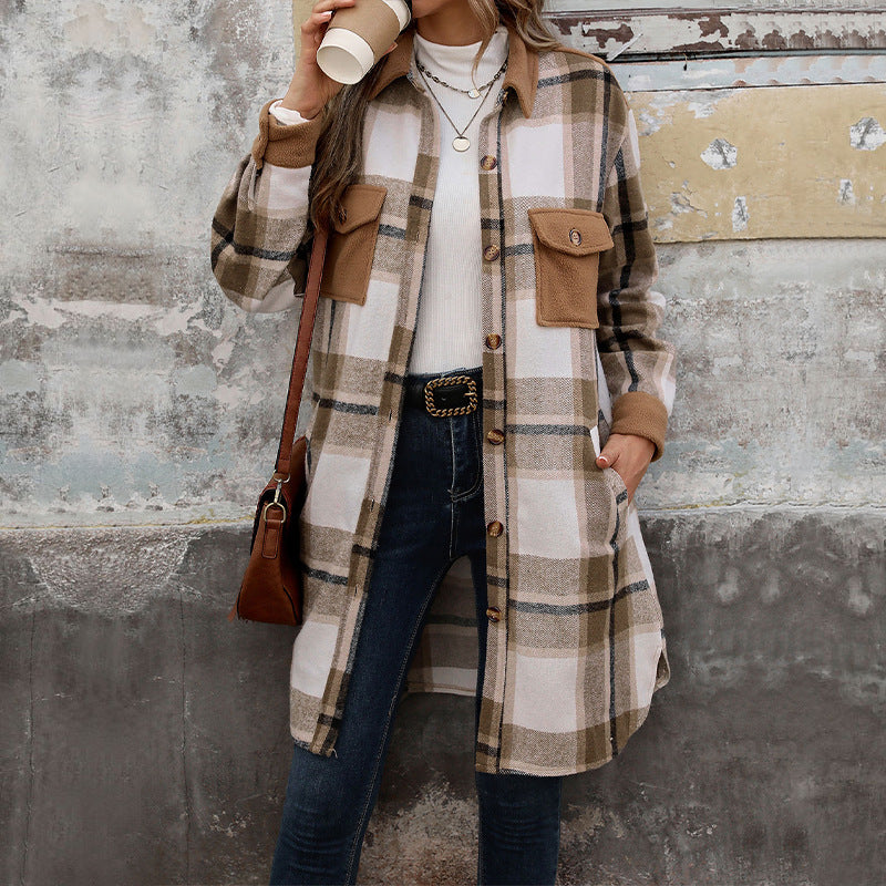 Women's Fashion Brushed Long Plaid Shirt Coats