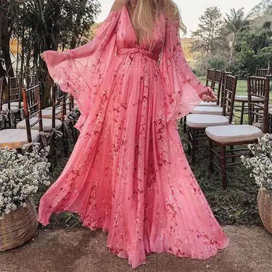 Women's Floral Pink Long Dress Pregnant Large Dresses
