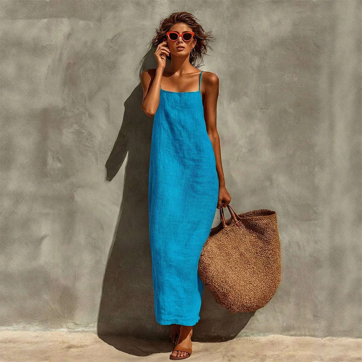 Women's Summer Solid Color Sexy Retro Idle Style Cotton Linen Sleeveless Dress