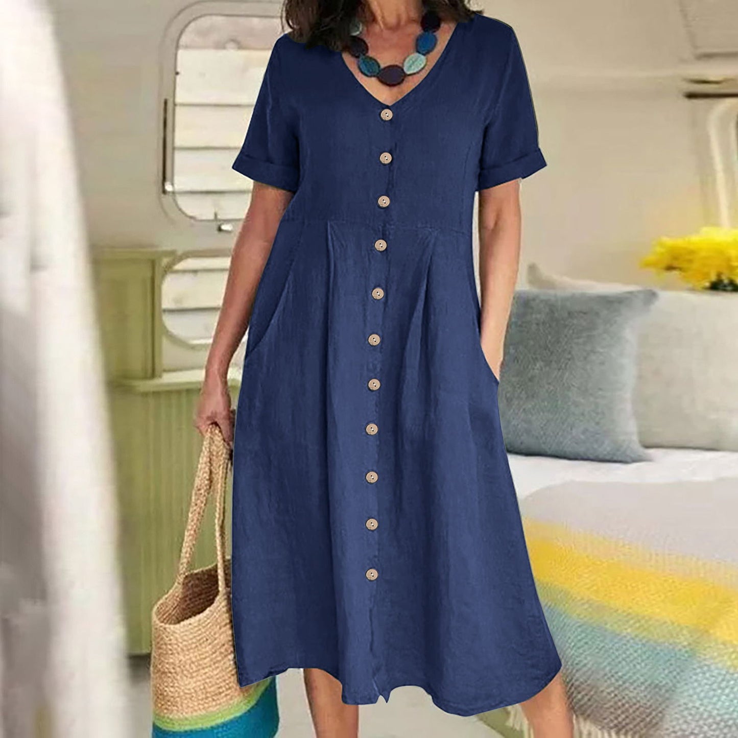 Solid Color Loose High Waist Cotton Dress