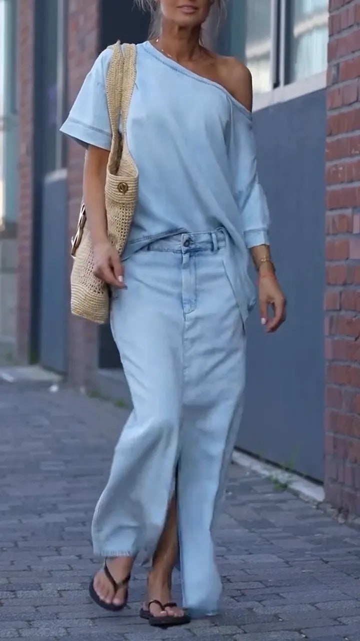 Women's Elegant Denim Shoulder Two-piece Set Suits
