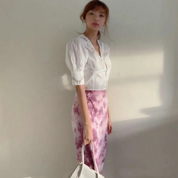 Women's Cotton Lace Cutout Summer French Vintage Blouses