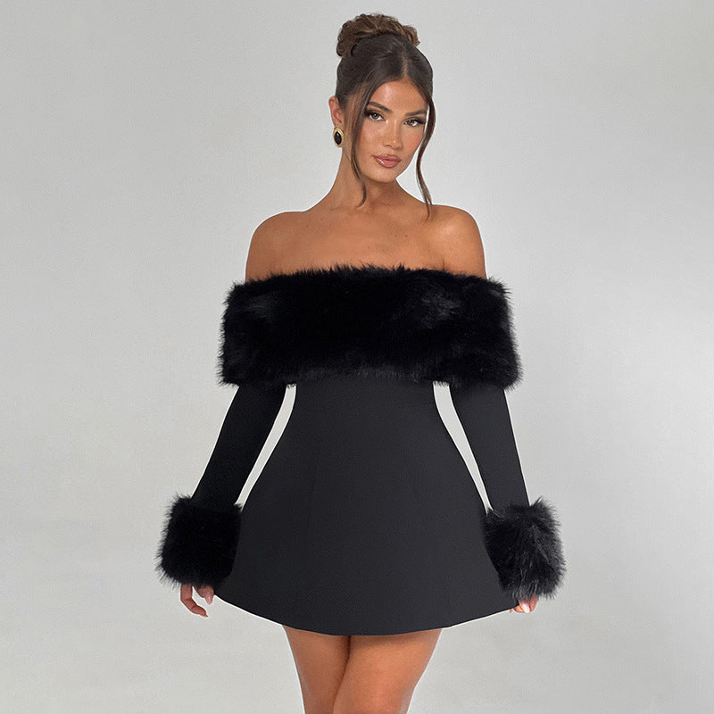 Women's Fur Collar Sexy Long Sleeve Slim Fit Slimming Dress