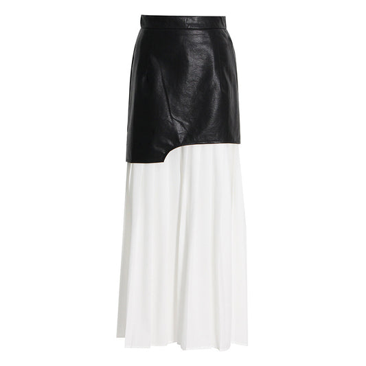 Women's Pleated Spring Korean Style Leather Stitching Contrast Skirts