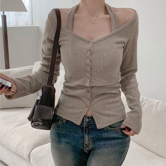 Women's Slimming Halter Sling Breasted Minimalist Long Sleeve Two-piece Set Blouses
