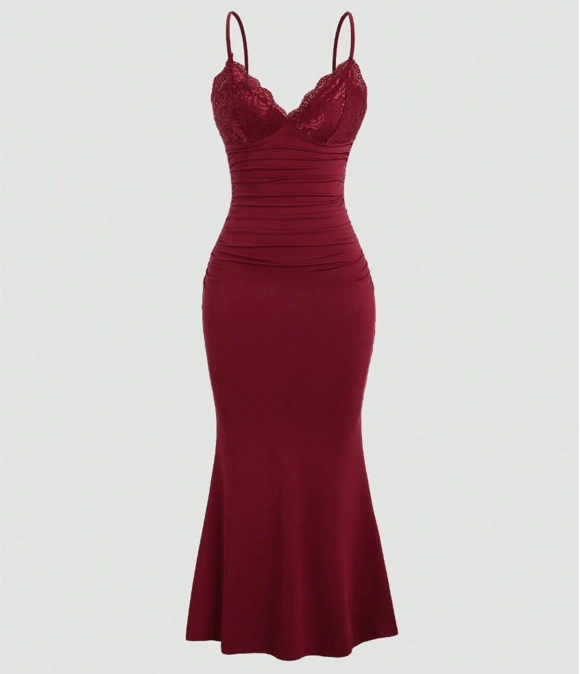 Women's American Elegant Lace Stitching Solid Color Pleated Fishtail Hem Suspender Dress