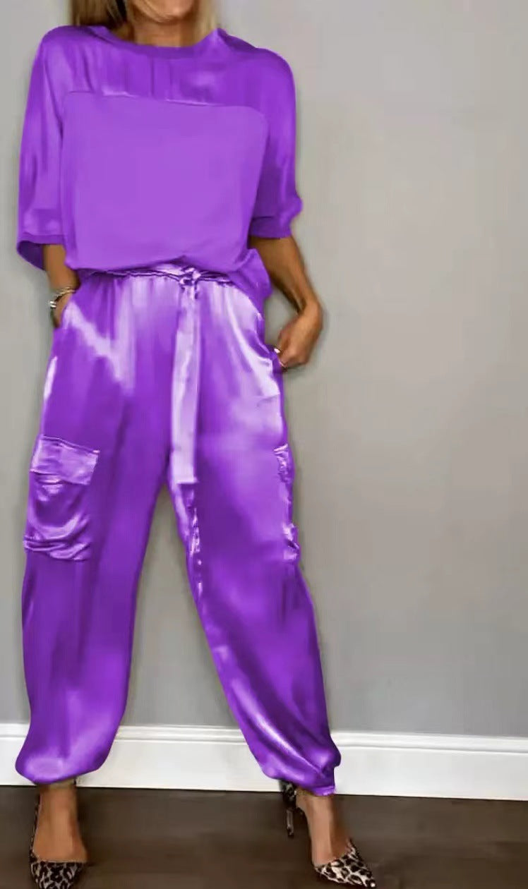 Women's Solid Color Smooth Satin Half Sleeve Shirt Two-piece Fashion Casual Suit