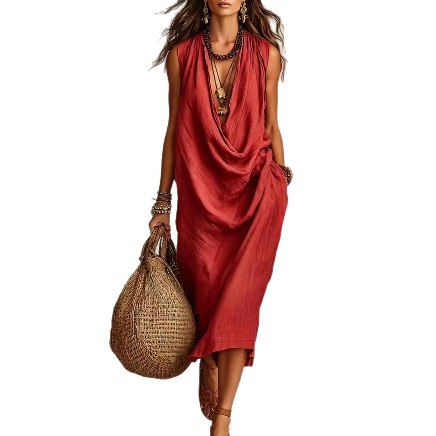 Women's Casual Sleeve Loose Swing Collar Cotton Dress