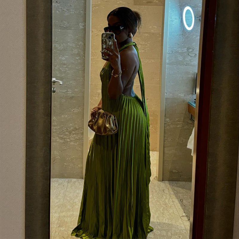 Women's Autumn Sweet Fresh Halter Backless Pleated Dresses