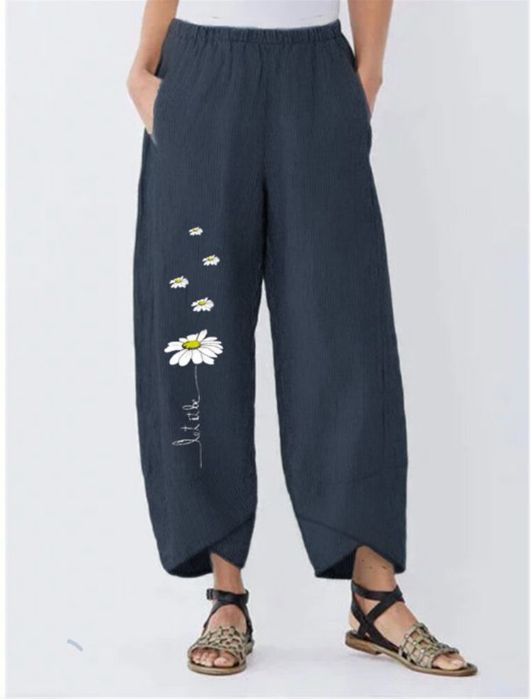 Women's Linen Cartoon Daisy Print Elastic Waist Pants