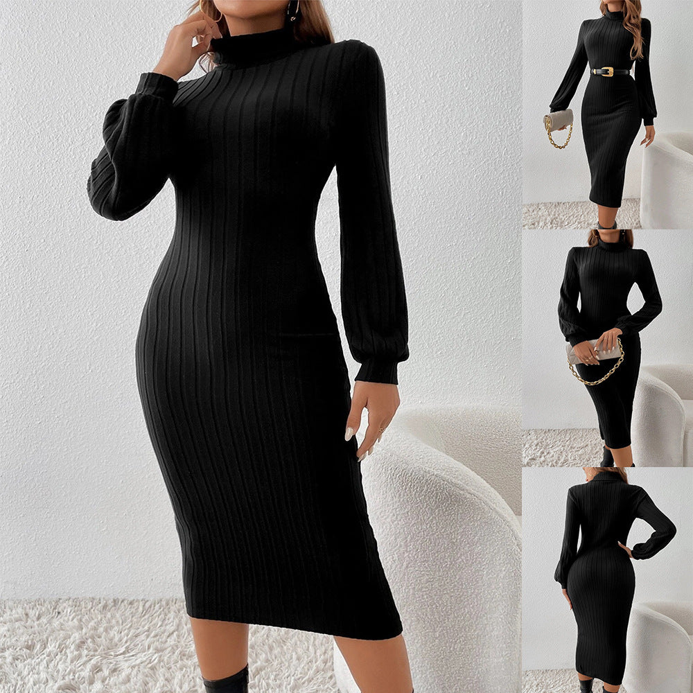 Women's Casual Fashion Solid Color Rib Fabric Turtleneck Dress